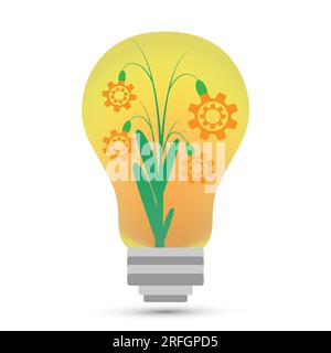 Pflanzen Sie mit Zahnrädern in einer elektrischen Glühlampe Stock Vektor
