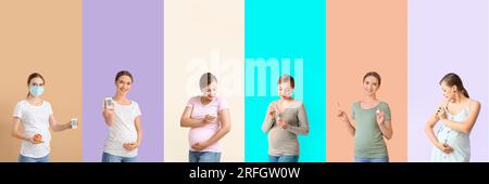 Gruppe schwangerer Frauen mit Diabetes auf farbigem Hintergrund Stockfoto