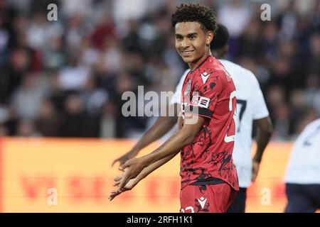 Aarhus, Dänemark. 03. Aug. 2023. Antonio Nusa des Clubs wurde während des Rückspiels zwischen der dänischen AGF Aarhus und der belgischen Fußballmannschaft Club Brügge in der zweiten Qualifikationsrunde der UEFA Europa Conference League am Donnerstag, den 03. August 2023 in Aarhus, Dänemark, gezeigt. Club Brugge gewann die erste Etappe 3:0. BELGA FOTO BRUNO FAHY Kredit: Belga News Agency/Alamy Live News Stockfoto