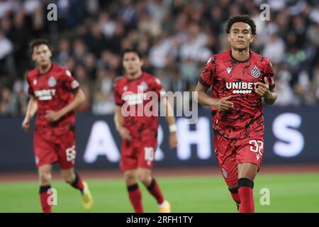 Aarhus, Dänemark. 03. Aug. 2023. Antonio Nusa des Clubs wurde während des Rückspiels zwischen der dänischen AGF Aarhus und der belgischen Fußballmannschaft Club Brügge in der zweiten Qualifikationsrunde der UEFA Europa Conference League am Donnerstag, den 03. August 2023 in Aarhus, Dänemark, gezeigt. Club Brugge gewann die erste Etappe 3:0. BELGA FOTO BRUNO FAHY Kredit: Belga News Agency/Alamy Live News Stockfoto