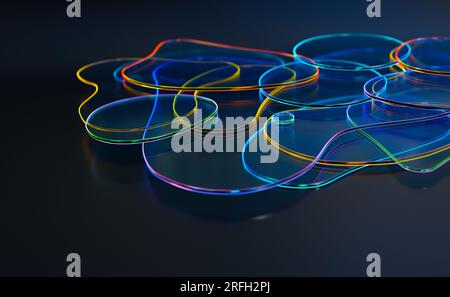 Abstrakte 3D-Hintergrundtapete mit geschwungenen Glasformen mit bunten, schillernden Neonrändern Stockfoto