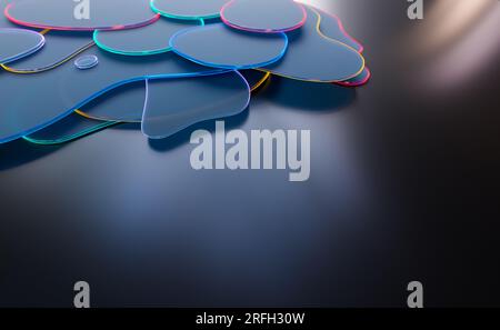 Abstrakte 3D-Hintergrundtapete mit geschwungenen Glasformen mit bunten, schillernden Neonrändern Stockfoto