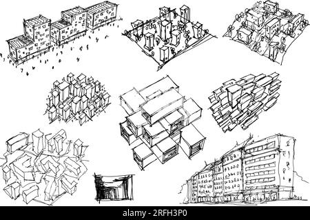 Viele handgezeichnete architektonische Skizzen von Architektur und urbanen Ideen, Gebäuden und Menschen Stockfoto