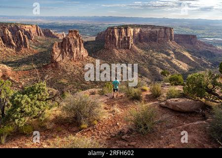 Reifer Weißer, Wanderer, der eine natürliche freistehende Säule beobachtet, das Independence Monument, Colorado National Monument, Colorado Stockfoto