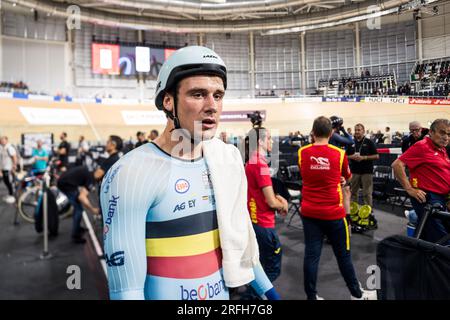 Glasgow, Großbritannien. 03. Aug. 2023. Belgische Tuur Dens in Aktion während des Men Elite Scratch Race in Glasgow, Schottland, Teil der UCI World Championships Cycling, Donnerstag, den 03. August 2023. UCI organisiert die Welten mit allen Disziplinen des Radfahrens, des Straßenrades, Indoor-Radsports, Mountainbikes, BMX-Rennen, Straßen- und Hallenparkradfahren, in Glasgow vom 05. Bis 13. August. BELGA FOTO DAVID PINTENS Kredit: Belga News Agency/Alamy Live News Stockfoto