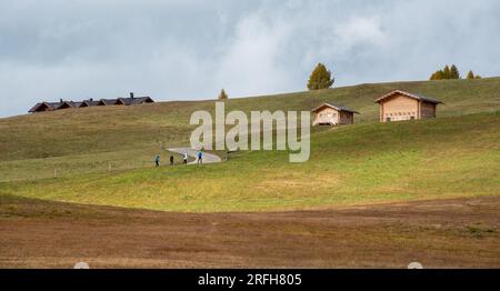 Windige Straßen-Chalet-Holzhäuser. Leute, die draußen wandern. Gesunder Lebensstil. Alpe di sisusi Seiser Alm Italien Stockfoto