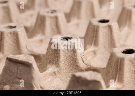 Alte leere Pappkartons zur Lagerung von Eiern, Verpackungen für Hühner und andere Eier aus recyceltem Altpapier und Papier Stockfoto