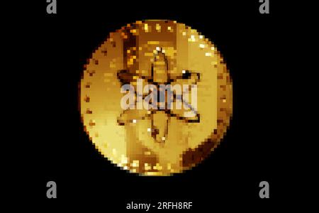 Cosmos ATOM Kryptowährung Goldmünze im Retro-Pixel-Mosaik-80s-Stil. Abbildung des abstrakten Konzepts „Rotating Golden Metal“ 3D. Stockfoto