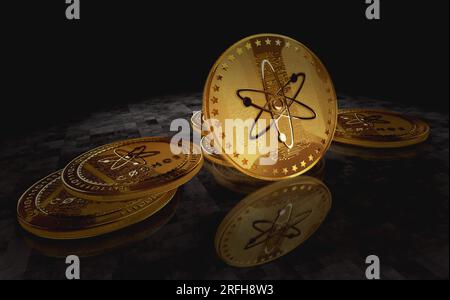 Cosmos ATOM Kryptowährung Goldmünze auf grünem Bildschirmhintergrund. Abstrakte Darstellung des Konzepts 3D. Stockfoto