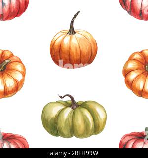 Kürbisse. Nahtloses Muster auf weißem Hintergrund. Von Hand gemalte Aquarelle, helle HerbstKürbisse. Muster für Textildesign im Herbst Stockfoto