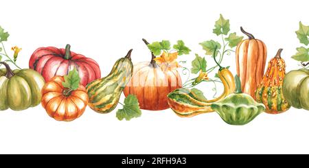 Nahtloser Rand von Kürbissen. Von Hand gemalte Aquarelle, helle HerbstKürbisse. Komposition für die Gestaltung von Postkarten und Einladungen auf Stockfoto