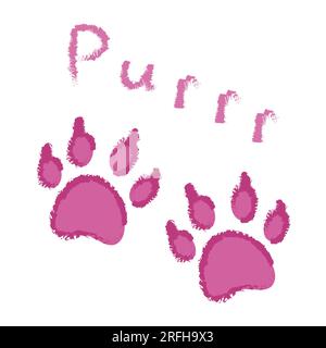 Süße flauschige pinkfarbene Tierabdrücke mit Katzenmotiv und Schriftzug „Purr“. Vektor isoliert. Design für eine Karte, Einband, Grußkarte, Modedruck für Tierkleidung, Sammelalben, Tierhandlung. Stock Vektor