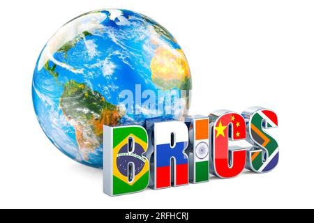 BRICS-Gipfelkonzept mit Earth Globe, 3D-Rendering isoliert auf weißem Hintergrund Stockfoto
