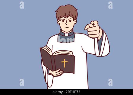 Katholischer Priester, der bibel hält und Predigten für Kirchengäste liest, gekleidet in weißem Priestermantel. Katholischer Geistlicher ist unzufrieden mit dem Verhalten von Gemeindemitgliedern und setzt Gläubige dem Anathem aus Stock Vektor