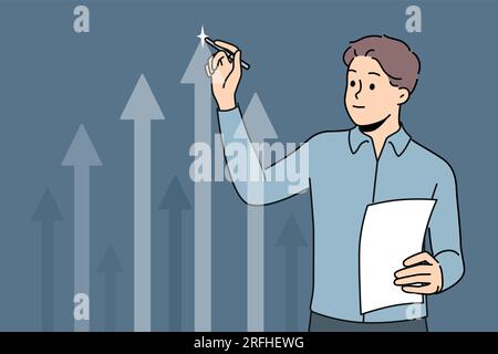 Ein Geschäftsmann zeichnet einen Pfeil auf einem virtuellen Bildschirm, der das Wachstum von Unternehmensinvestitionen analysiert. Erfolgreicher Geschäftsmann, der eine digitale Grafik der Gewinnschwankungen oder der Zunahme der Anzahl der Käufer vorführt Stock Vektor