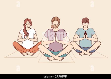 Die Leute machen Meditation und Yoga, sitzen auf Fitnessmatten und nehmen Lotusposition ein, um Zen-Training zu machen. Freunde meditieren und Yoga machen, um die Seele zu reinigen und den Geisteszustand nach einer schwierigen Lebensphase zu verbessern. Stock Vektor