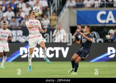 Orlando, Florida, USA. 2. Aug. 2023. Juventus Mittelfeldspieler FABIO MIRETTI (20) erhält in der ersten Hälfte der Florida Cup Series Soccer Champions Tour Juventus vs Real Madrid Fußball im Camping World Stadium in Orlando, FL am 2. August 2023. (Kreditbild: © Cory Knowlton/ZUMA Press Wire) NUR REDAKTIONELLE VERWENDUNG! Nicht für den kommerziellen GEBRAUCH! Stockfoto