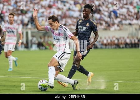 Orlando, Florida, USA. 2. Aug. 2023. Juventus Mittelfeldspieler FABIO MIRETTI (20) in Aktion während der ersten Hälfte der Florida Cup Series Soccer Champions Tour Juventus vs Real Madrid Fußballspiel am 2. August 2023 im Camping World Stadium in Orlando, FL. (Kreditbild: © Cory Knowlton/ZUMA Press Wire) NUR REDAKTIONELLE VERWENDUNG! Nicht für den kommerziellen GEBRAUCH! Stockfoto