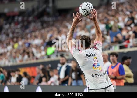 Orlando, Florida, USA. 2. Aug. 2023. Juventus-Verteidiger FEDERICO GATTI (4) spielt in der zweiten Hälfte der Florida Cup Series Fußball Champions Tour Juventus vs Real Madrid Fußball im Camping World Stadium in Orlando, FL am 2. August 2023. (Kreditbild: © Cory Knowlton/ZUMA Press Wire) NUR REDAKTIONELLE VERWENDUNG! Nicht für den kommerziellen GEBRAUCH! Stockfoto