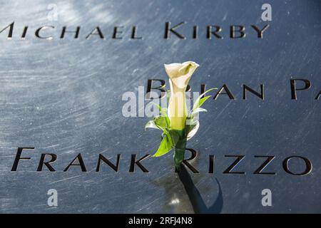 Namensaufzählung mit Blume der Opfer bei den Terroranschlägen vom 11. September 9/11 auf der Gedenkstätte am 11. September 9/11 mit Bäumen in Herbstfarbe im Hintergrund. Stockfoto