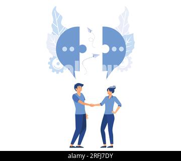 Geschäftsleute diskutieren über soziale Netzwerke, Nachrichten, soziale Netzwerke, Chats, Dialoge, Sprechblasen, Gedanken-Puzzle-Vektor, flacher Vektor, moderne Illustration Stock Vektor