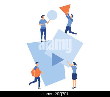 Ein Team von Menschen stellt ein abstraktes geometrisches Puzzle zusammen. Charaktere sammeln geometrische Formen, flache Vektoren und moderne Illustrationen Stock Vektor