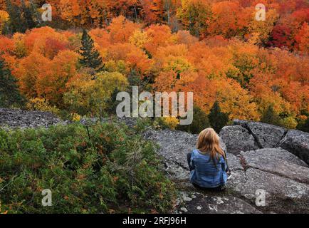 Eine junge Frau sitzt auf einem Felsen und blickt im Herbst auf die bunten Bäume. Stockfoto