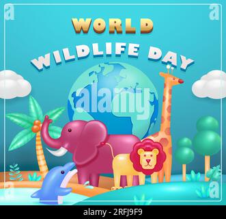 Welttag Der Tierwelt. Vector Cartoon 3D Happy Wildlife Day. Wilde Tiere wie Löwen, Elefanten, Giraffen und Delfine im Hintergrund. Passend für Eve Stock Vektor