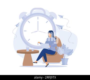 Zeit für eine Pause und Entspannung, Frauen, die Kaffee trinken, haben Ruhe über die große Uhr, flache Vektorbilder, moderne Illustration Stock Vektor