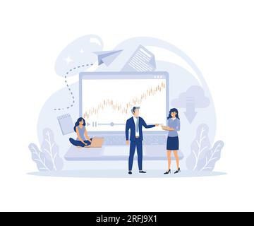 Online Schüler Bildung, Learning Men around Big Laptop with Graphs (Lernende Männer rund um Big Laptop mit Diagrammen). E-Learning, flache, moderne Illustration Stock Vektor