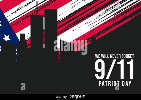 9 11 Patriot Day Hintergrund mit Silhouettenbau und rauer amerikanischer Flagge Stock Vektor