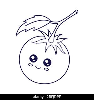 Tomaten-Kawaii-Figur. Süße Kawaii Tomaten-Zeichentrickfilm für Kinder. Gliederungsdarstellung für Lebensmittel und Gemüse. Tomate im Doodle-Stil. Malbuch für Kinder Stock Vektor