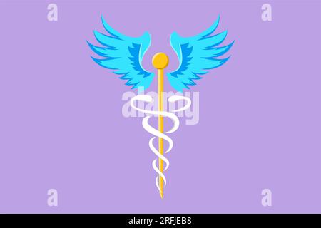 Cartoon flache Zeichnung Caduceus Logo, medizinisches Zentrum, Apotheke, Krankenhaus mit populärem Symbol der Medizin. Symbol für medizinische Versorgung, Logo, Etikett, s Stockfoto