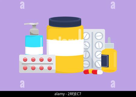 Grafische Flachbauzeichnung medizinischer Konzepte. Erkältung, Grippe, Husten Präparate: Medizinischer Sirup, Nasenspray, Rachenspray, Pillen, Kapseln isoliert auf Stockfoto