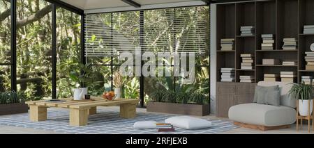 Innendesign eines schönen modernen Wohnzimmers mit grünem tropischem Wald im Freien. 3D-Darstellung, 3D-Illustration Stockfoto