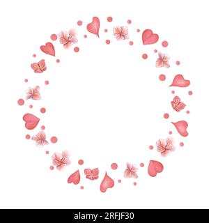 Der Kranz rosa Herzen und die Blüten der Hortensien. Platz für Text. Aquarelldarstellung isoliert auf Weiß. Für Save the Date, Valentinstag, Geburtstag und Stockfoto