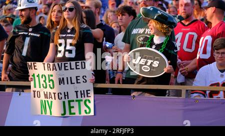 Canton, Ohio, USA. 3. Aug. 2023. Jets-Fans beim Spiel New York Jets gegen Cleveland Browns in Canton, Ohio. Jason Pohuski/CSM/Alamy Live News Stockfoto