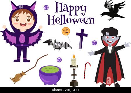 Legen Sie die Vektordarstellung für Halloween-Elemente mit verschiedenen Vorlagen wie Geistern, Kürbissen, Skulls, Süßigkeiten und mehr Cartoon-Hintergrund fest Stock Vektor