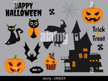 Legen Sie die Vektordarstellung für Halloween-Elemente mit verschiedenen Vorlagen wie Geistern, Kürbissen, Skulls, Süßigkeiten und mehr Cartoon-Hintergrund fest Stock Vektor