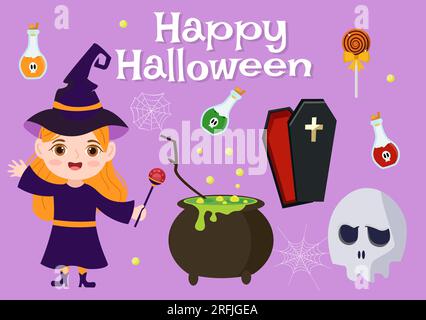 Legen Sie die Vektordarstellung für Halloween-Elemente mit verschiedenen Vorlagen wie Geistern, Kürbissen, Skulls, Süßigkeiten und mehr Cartoon-Hintergrund fest Stock Vektor
