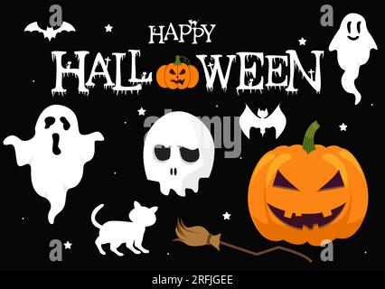 Legen Sie die Vektordarstellung für Halloween-Elemente mit verschiedenen Vorlagen wie Geistern, Kürbissen, Skulls, Süßigkeiten und mehr Cartoon-Hintergrund fest Stock Vektor