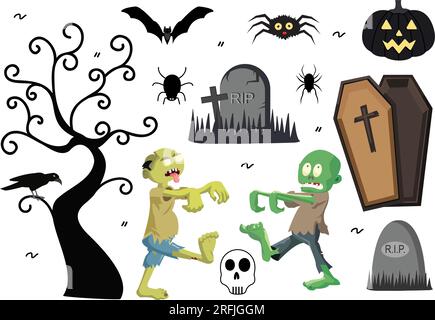 Legen Sie die Vektordarstellung für Halloween-Elemente mit verschiedenen Vorlagen wie Geistern, Kürbissen, Skulls, Süßigkeiten und mehr Cartoon-Hintergrund fest Stock Vektor