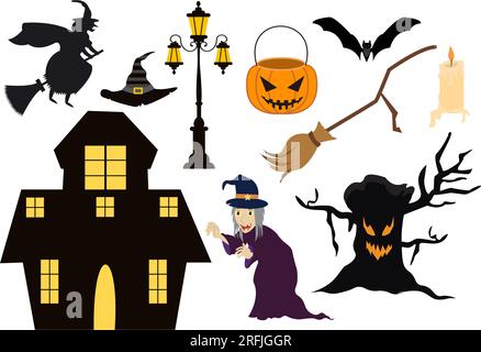 Legen Sie die Vektordarstellung für Halloween-Elemente mit verschiedenen Vorlagen wie Geistern, Kürbissen, Skulls, Süßigkeiten und mehr Cartoon-Hintergrund fest Stock Vektor