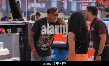 Canton, Ohio, USA. 3. Aug. 2023. Joe Haden beim Spiel New York Jets gegen Cleveland Browns in Canton, Ohio. Jason Pohuski/CSM/Alamy Live News Stockfoto