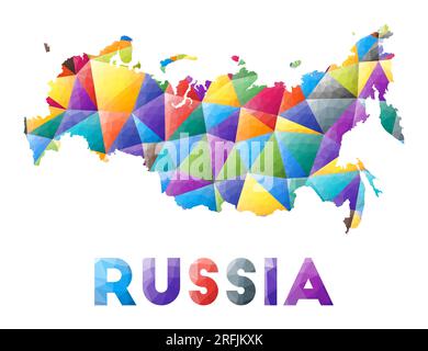 Russland – farbenfrohe niedrige Poly Country-Form. Mehrfarbige geometrische Dreiecke. Modernes, trendiges Design. Vektordarstellung. Stock Vektor