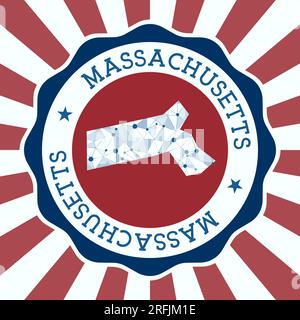 Massachusetts Abzeichen. Rundes Logo von uns Staat mit dreieckiger Netzkarte und radialen Strahlen. EPS10-Vektor. Stock Vektor