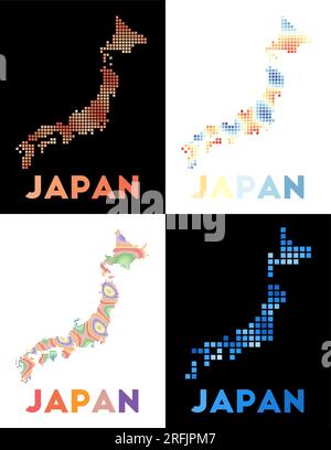 Japan-Karte. Sammlung von Karten von Japan im gepunkteten Stil. Grenzen des Landes mit Rechtecken für Ihr Design. Vektorabbildung. Stock Vektor