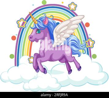 Ein Cartoon-Einhorn mit Flügeln, die in einem blauen Himmel mit Regenbogenhintergrund fliegen Stock Vektor