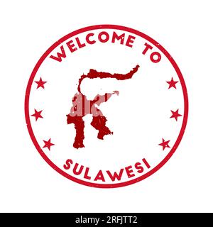 Willkommen bei Sulawesi-Stempel. Runder Grunge Island Stempel mit Textur in Super Rose Red. Geometrisches Sulawesi-Siegel im Vintage-Stil. Stock Vektor