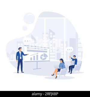 Der Business Coach spricht vor dem Publikum. Mentor präsentiert Diagramme und Berichte in Seminaren, Schulungen, Präsentationen oder Konferenzen, Flachvektormoder Stock Vektor